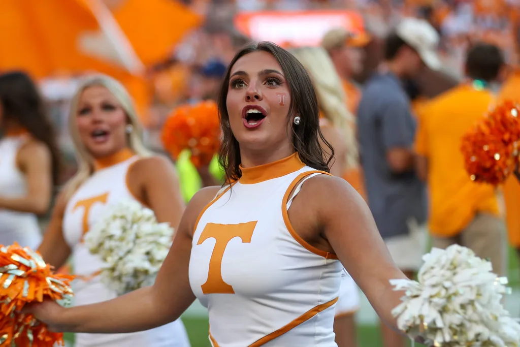 Oct 11, 2025; Knoxville, Tennessee, USA; Tennessee Volunteers cheerleaders perform during the game against the Arkansas Razorbacks at Neyland Stadium. Mandatory Credit: Randy Sartin-Imagn Images