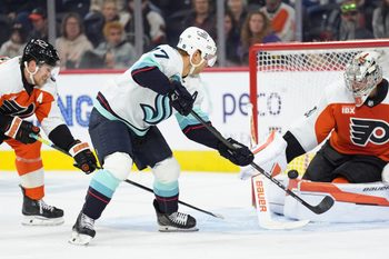 Oct 20, 2025; Philadelphia, Pennsylvania, USA; Seattle Kraken left wing Jaden Schwartz (17) deflects the puck against the Philadelphia Flyers in the first period at Xfinity Mobile Arena. Mandatory Credit: Kyle Ross-Imagn Images
