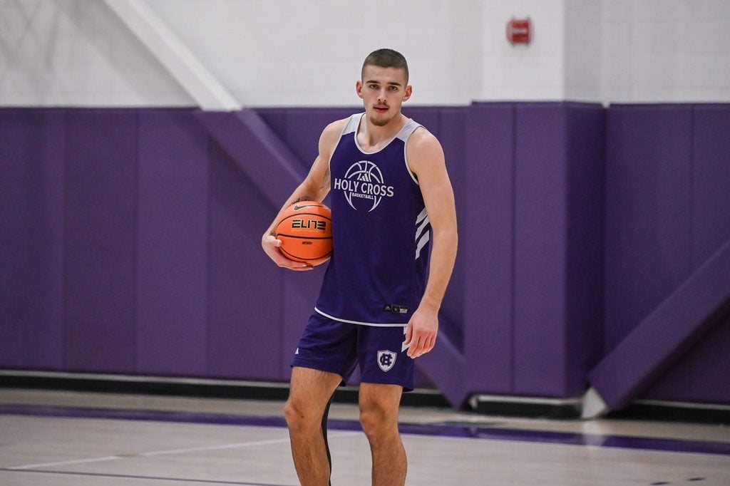 Holy Cross junior Joe Nugent takes a moment during a recent practice.