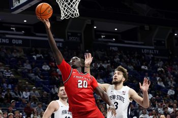 Nov 3, 2025; University Park, Pennsylvania, USA; Fairfield Stags forward Brandon Benjamin (20) drives the ball to the basket during the second half against the Penn State Nittany Lions at Bryce Jordan Center. Mandatory Credit: Matthew O'Haren-Imagn Images