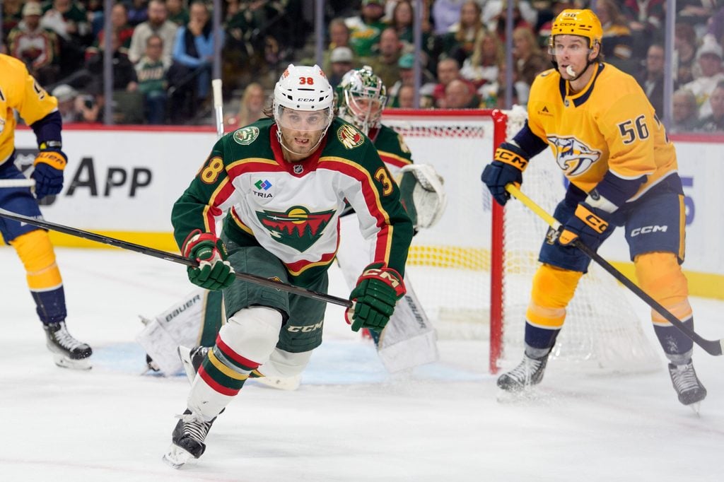 Nov 4, 2025; Saint Paul, Minnesota, USA; Minnesota Wild right wing Ryan Hartman (38) in action against the Nashville Predators in the third period at Grand Casino Arena. Mandatory Credit: Matt Blewett-Imagn Images