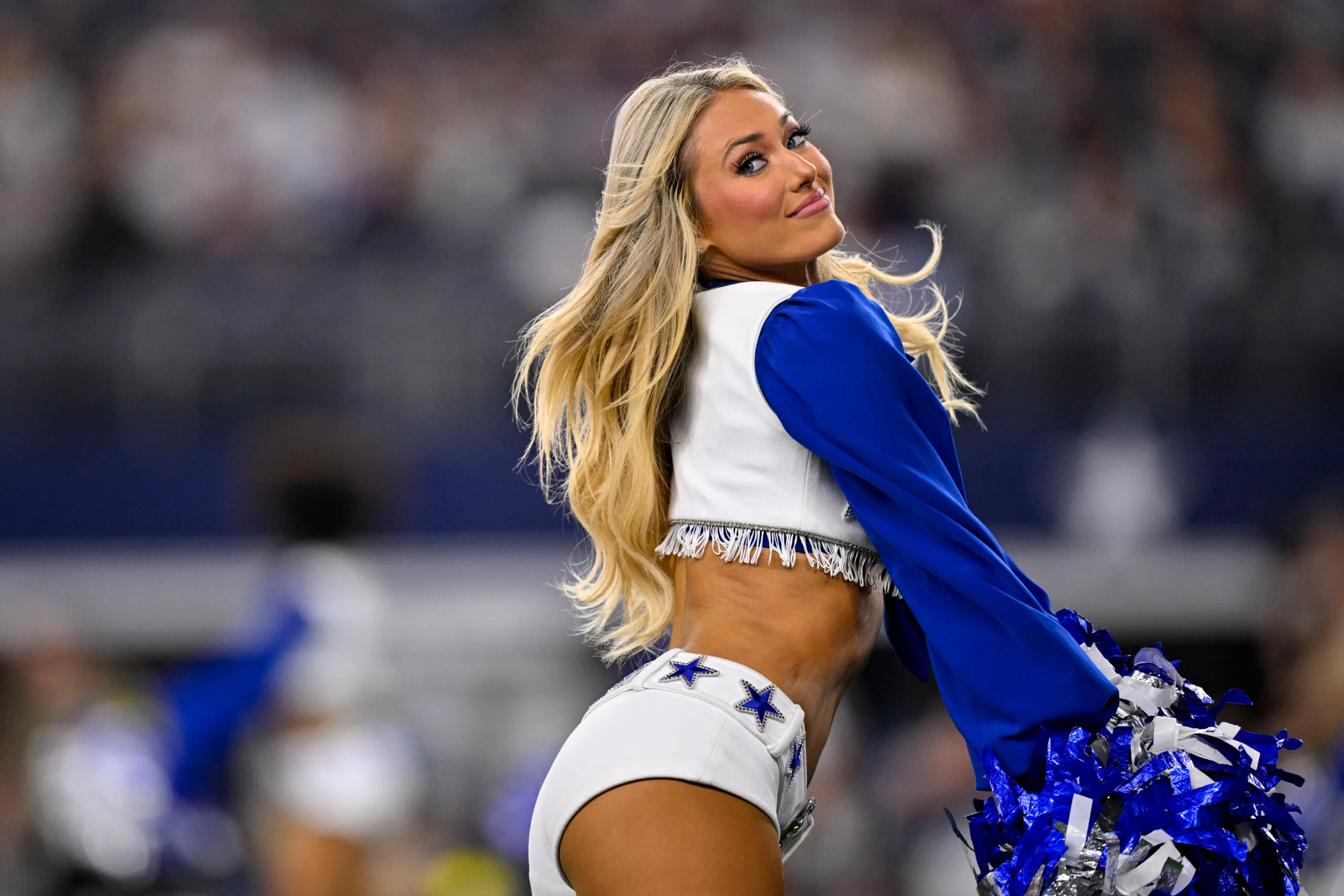 Nov 3, 2025; Arlington, Texas, USA; The Dallas Cowboys cheerleaders perform during the game between the Dallas Cowboys and the Arizona Cardinals at AT&T Stadium. Mandatory Credit: Jerome Miron-Imagn Images