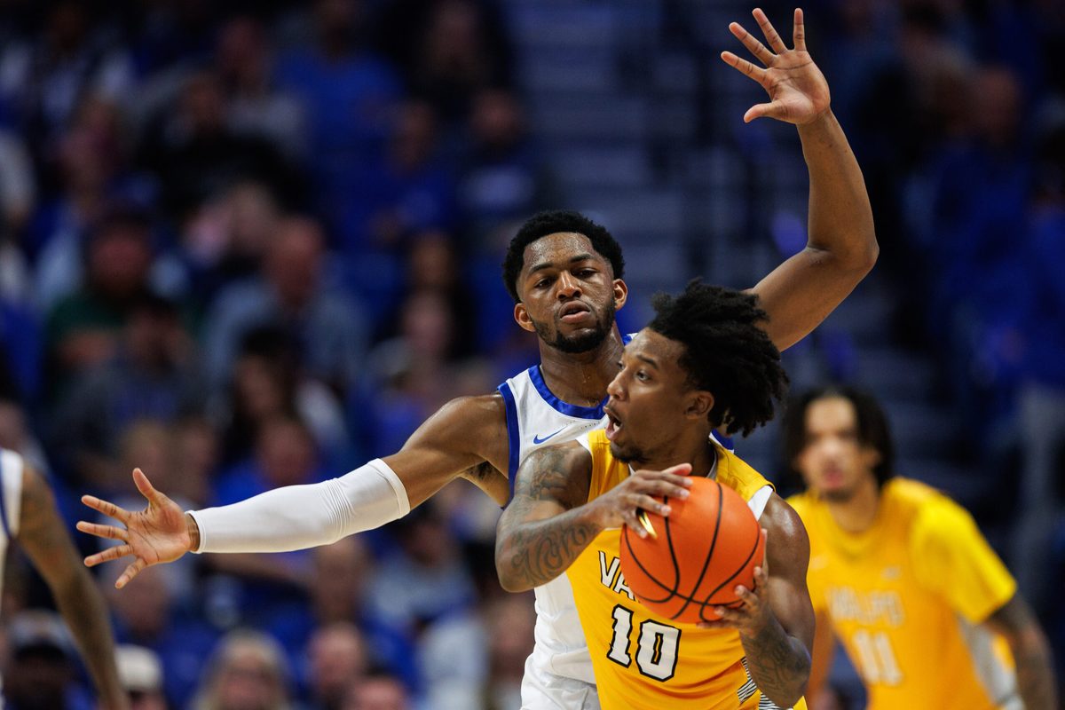 Nov 7, 2025; Lexington, Kentucky, USA; Kentucky Wildcats forward Mouhamed Dioubate (23) guards Valparaiso Beacons guard Mark Brown (10) during the second half at Rupp Arena at Central Bank Center. Mandatory Credit: Jordan Prather-Imagn Images