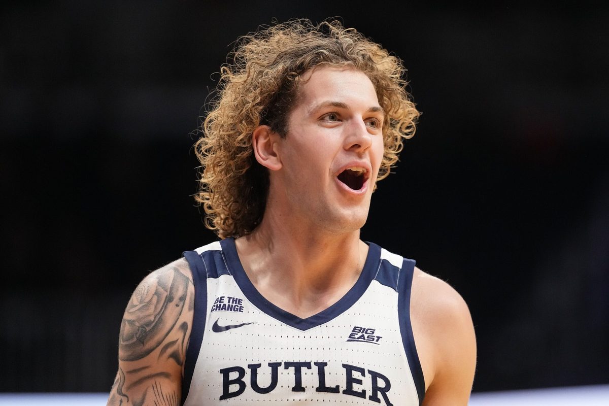 Butler Bulldogs guard Finley Bizjack (11) celebrates scoring back to back three-point basket Tuesday, Nov. 11, 2025, during the game at Hinkle Fieldhouse in Indianapolis.