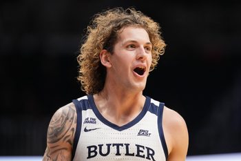 Butler Bulldogs guard Finley Bizjack (11) celebrates scoring back to back three-point basket Tuesday, Nov. 11, 2025, during the game at Hinkle Fieldhouse in Indianapolis.