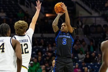 Nov 11, 2025; South Bend, Indiana, USA; Eastern Illinois Panthers guard Zion Fruster (5) shoots against the Notre Dame Fighting Irish during the first half at Purcell Pavilion at the Joyce Center. Mandatory Credit: Michael Caterina-Imagn Images