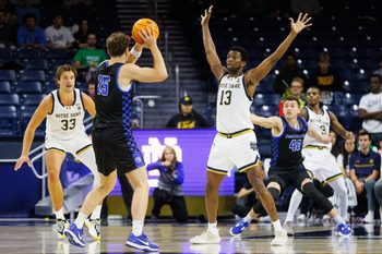 Notre Dame guard Sir Mohammed (13) guards Eastern Illinois forward Andrew Austin (15) during a NCAA men's basketball game at Purcell Pavilion on Tuesday, Nov. 11, 2025, in South Bend.