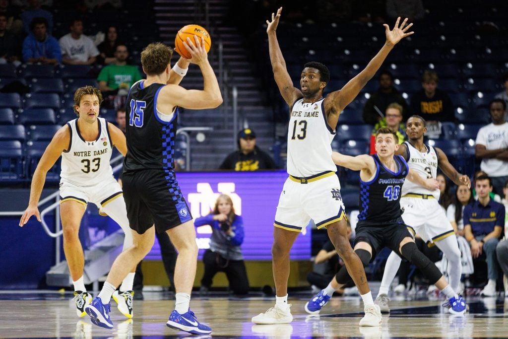 Notre Dame guard Sir Mohammed (13) guards Eastern Illinois forward Andrew Austin (15) during a NCAA men's basketball game at Purcell Pavilion on Tuesday, Nov. 11, 2025, in South Bend.