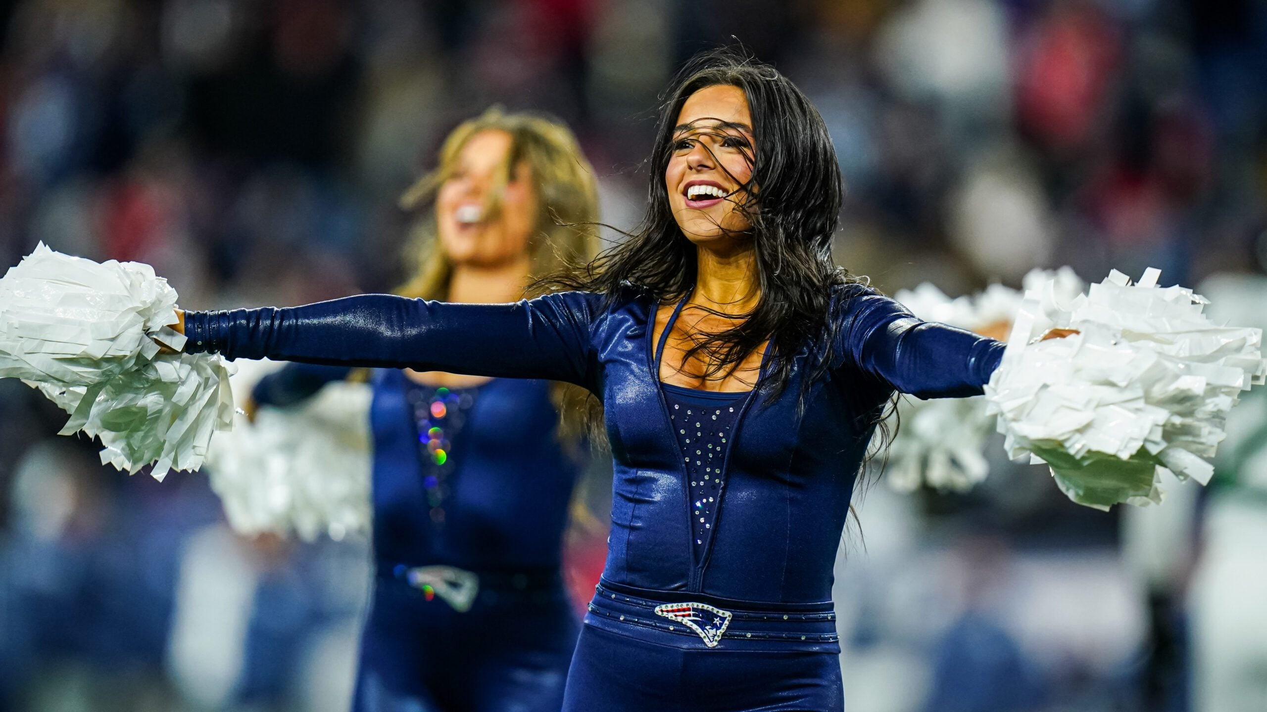 Nov 13, 2025; Foxborough, Massachusetts, USA; New England Patriots cheerleader during a break against the New York Jets in the fourth quarter at Gillette Stadium. Mandatory Credit: David Butler II-Imagn Images