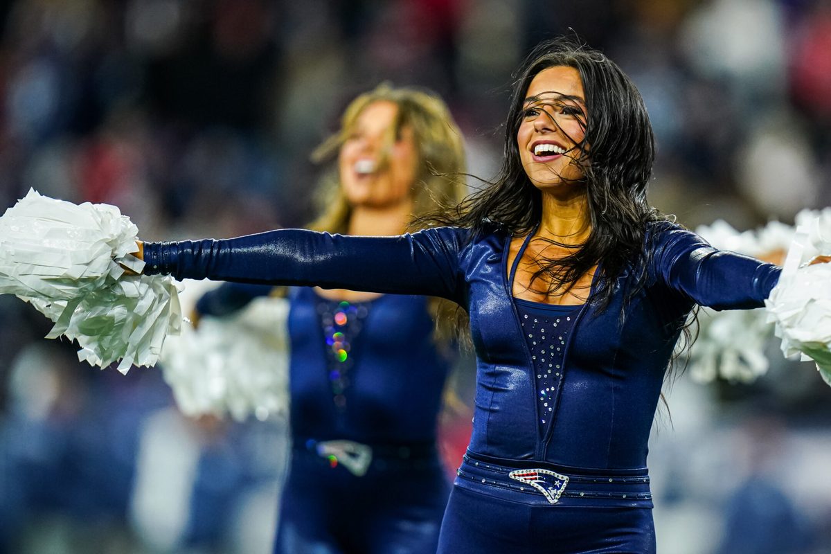 Nov 13, 2025; Foxborough, Massachusetts, USA; New England Patriots cheerleader during a break against the New York Jets in the fourth quarter at Gillette Stadium. Mandatory Credit: David Butler II-Imagn Images