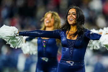 Nov 13, 2025; Foxborough, Massachusetts, USA; New England Patriots cheerleader during a break against the New York Jets in the fourth quarter at Gillette Stadium. Mandatory Credit: David Butler II-Imagn Images