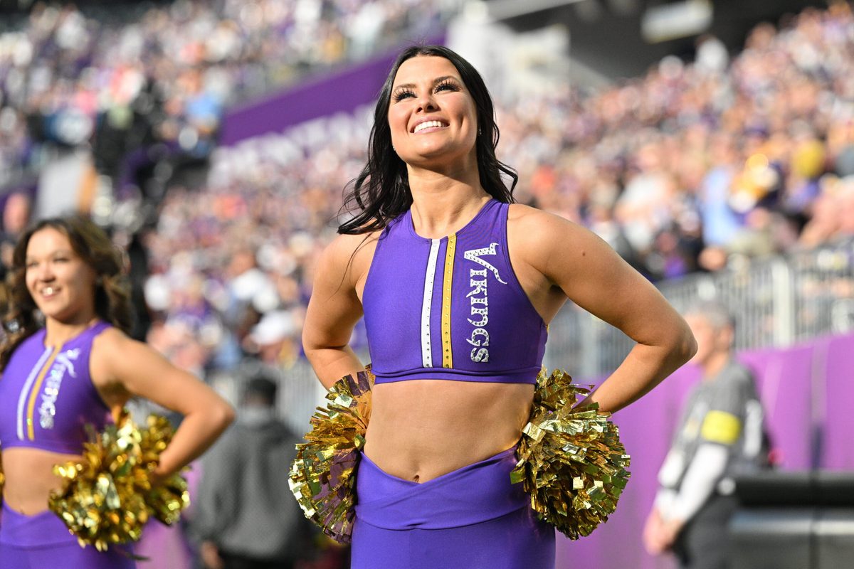 Nov 16, 2025; Minneapolis, Minnesota, USA;  A Minnesota Vikings cheerleader performs during the first quarter against the Chicago Bears at U.S. Bank Stadium. Mandatory Credit: Jeffrey Becker-Imagn Images