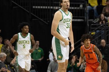 Oregon’s Nate Bittle celebrates a 3-point shot against Oregon State during the first half at Matthew Knight Arena in Eugene Nov. 17, 2025.