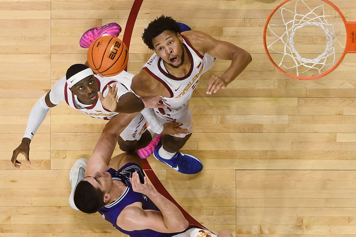 Iowa State Cyclones forward ard Killyan Toure (27), Iowa State Cyclones forward Joshua Jefferson (5) and Stonehill Skyhawks forward/center Ridvan Tutic (11) battle for a rebound the ball during the second half in the NCAA basketball on Nov. 17, 2025, at Hilton Coliseum in Ames, Iowa.Iowa.