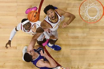 Iowa State Cyclones forward ard Killyan Toure (27), Iowa State Cyclones forward Joshua Jefferson (5) and Stonehill Skyhawks forward/center Ridvan Tutic (11) battle for a rebound the ball during the second half in the NCAA basketball on Nov. 17, 2025, at Hilton Coliseum in Ames, Iowa.Iowa.