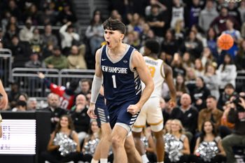 Nov 18, 2025; Providence, Rhode Island, USA; New Hampshire Wildcats guard Jack Graham (1) reacts to his basket against the Providence Friars during the first half at Amica Mutual Pavilion. Mandatory Credit: Eric Canha-Imagn Images