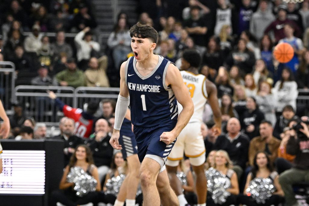Nov 18, 2025; Providence, Rhode Island, USA; New Hampshire Wildcats guard Jack Graham (1) reacts to his basket against the Providence Friars during the first half at Amica Mutual Pavilion. Mandatory Credit: Eric Canha-Imagn Images