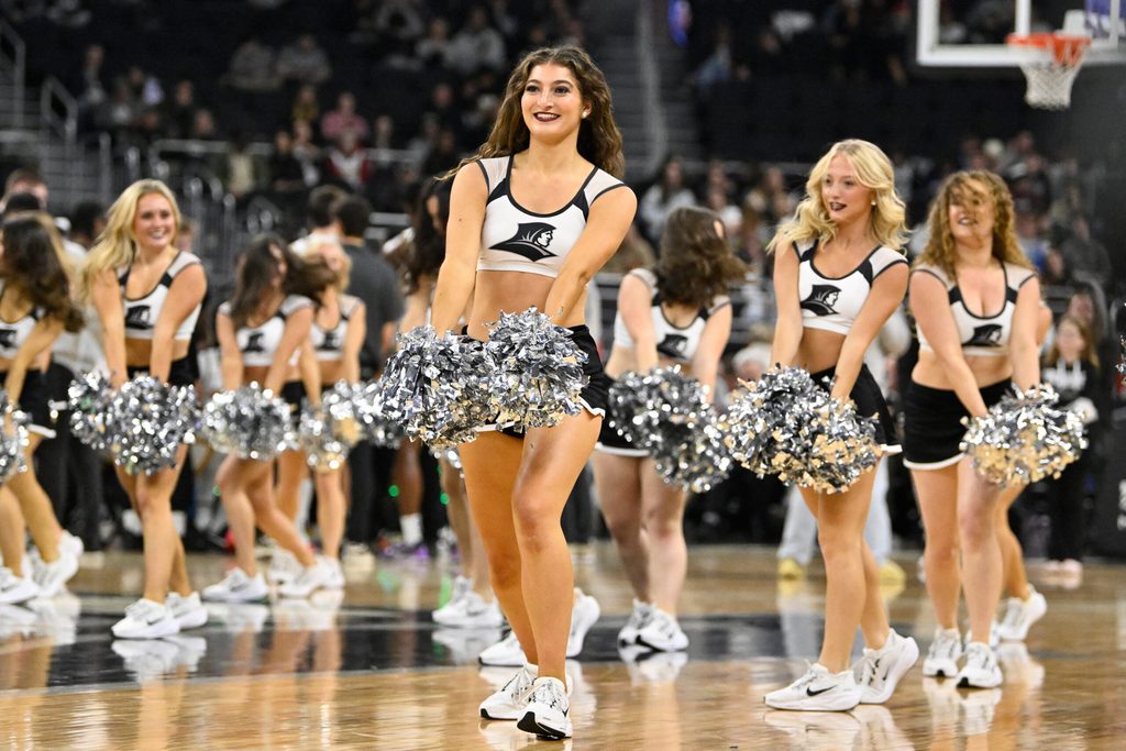 Nov 18, 2025; Providence, Rhode Island, USA; The Providence Friars cheerleaders entertain fans during the second half against the New Hampshire Wildcats at Amica Mutual Pavilion. Mandatory Credit: Eric Canha-Imagn Images