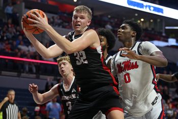 Nov 18, 2025; Oxford, Mississippi, USA; Austin Peay Governors forward Collin Parker (32) collects a rebound during the second half against the Mississippi Rebels at The Sandy and John Black Pavilion at Ole Miss. Mandatory Credit: Petre Thomas-Imagn Images