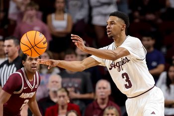 Nov 18, 2025; College Station, Texas, USA; Texas A&M Aggies guard Rylan Griffen (3) passes the ball against the Montana Grizzlies during the second half at Reed Arena. Mandatory Credit: Maria Lysaker-Imagn Images