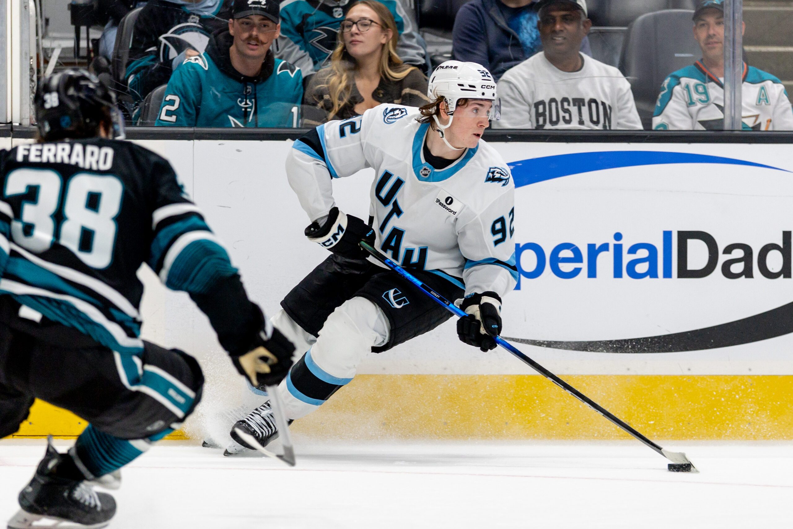 Nov 18, 2025; San Jose, California, USA; Utah Mammoth center Logan Cooley (92) skates with the puck during the third period against the San Jose Sharks at SAP Center at San Jose. Mandatory Credit: Bob Kupbens-Imagn Images