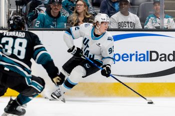 Nov 18, 2025; San Jose, California, USA; Utah Mammoth center Logan Cooley (92) skates with the puck during the third period against the San Jose Sharks at SAP Center at San Jose. Mandatory Credit: Bob Kupbens-Imagn Images