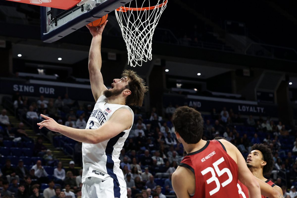 Nov 19, 2025; University Park, Pennsylvania, USA; Penn State Nittany Lions forward Ivan Juric (3) shoots a layup during the first half against the Harvard Crimson at Bryce Jordan Center. Mandatory Credit: Matthew O'Haren-Imagn Images
