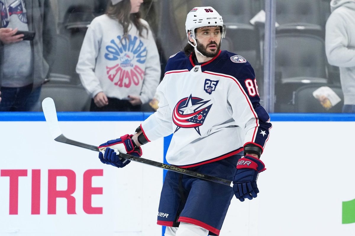 Nov 20, 2025; Toronto, Ontario, CAN;  Columbus Blue Jackets right wing Kirill Marchenko (86) skates during the warmup before a game against the Toronto Maple Leafs at Scotiabank Arena. Mandatory Credit: Nick Turchiaro-Imagn Images