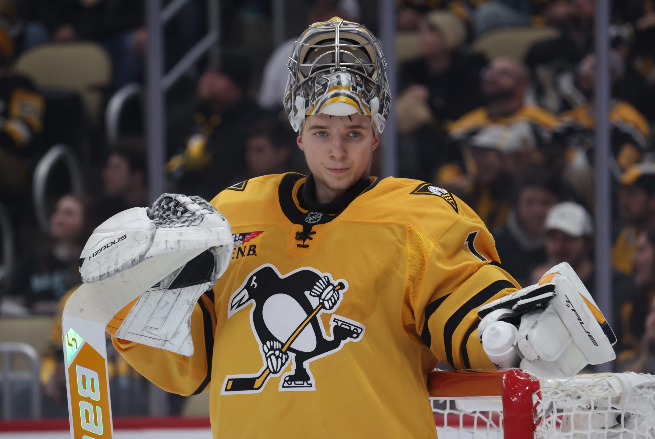 Nov 22, 2025; Pittsburgh, Pennsylvania, USA;  Pittsburgh Penguins goaltender Sergei Murashov (1) looks on during a second period time-out against the Seattle Kraken at PPG Paints Arena. Mandatory Credit: Charles LeClaire-Imagn Images