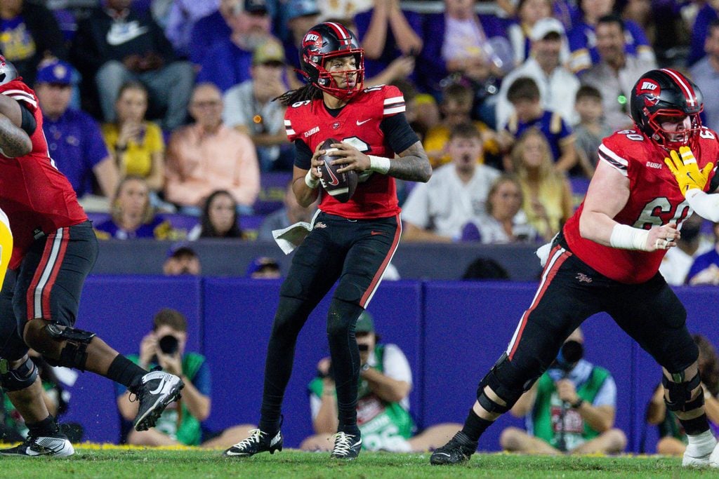 Nov 22, 2025; Baton Rouge, Louisiana, USA; Western Kentucky Hilltoppers quarterback Rodney Tisdale Jr. (16) passes against the LSU Tigers during the second half at Tiger Stadium. Mandatory Credit: Stephen Lew-Imagn Images
