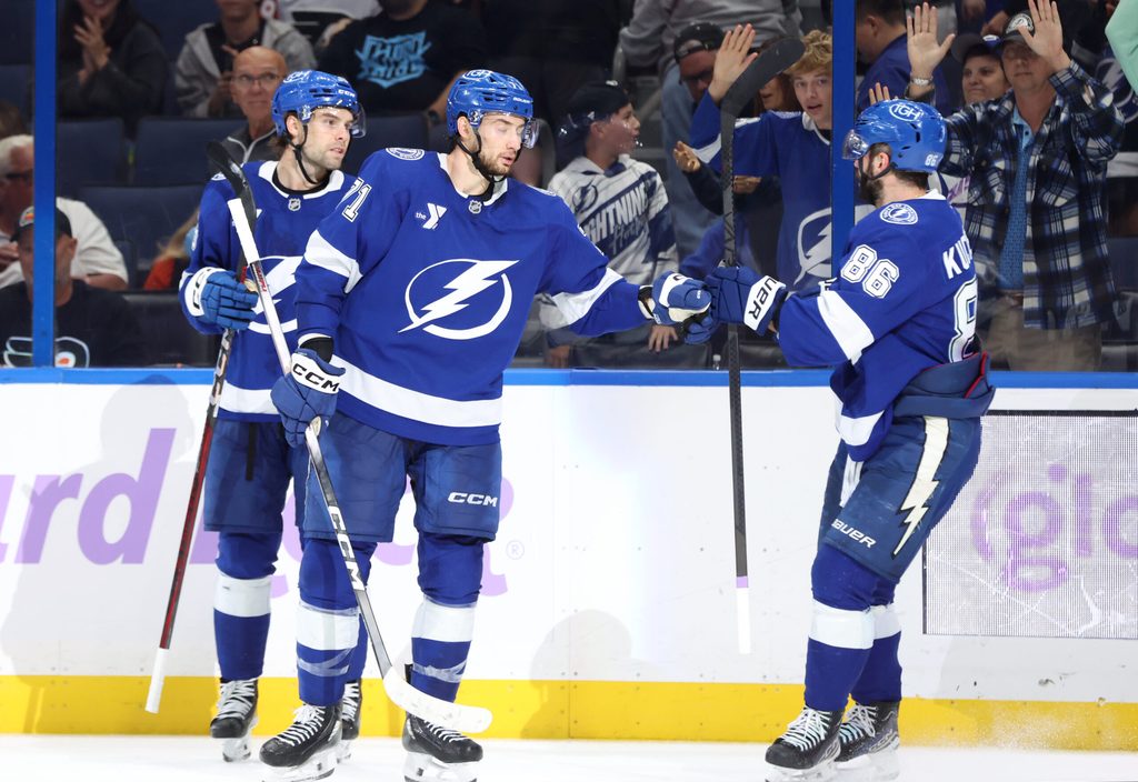 Nov 24, 2025; Tampa, Florida, USA; Tampa Bay Lightning left wing Brandon Hagel (38) is congratulated by center Anthony Cirelli (71) and right wing Nikita Kucherov (86) safter he scored a goal against the Philadelphia Flyers during the third period at Benchmark International Arena. Mandatory Credit: Kim Klement Neitzel-Imagn Images