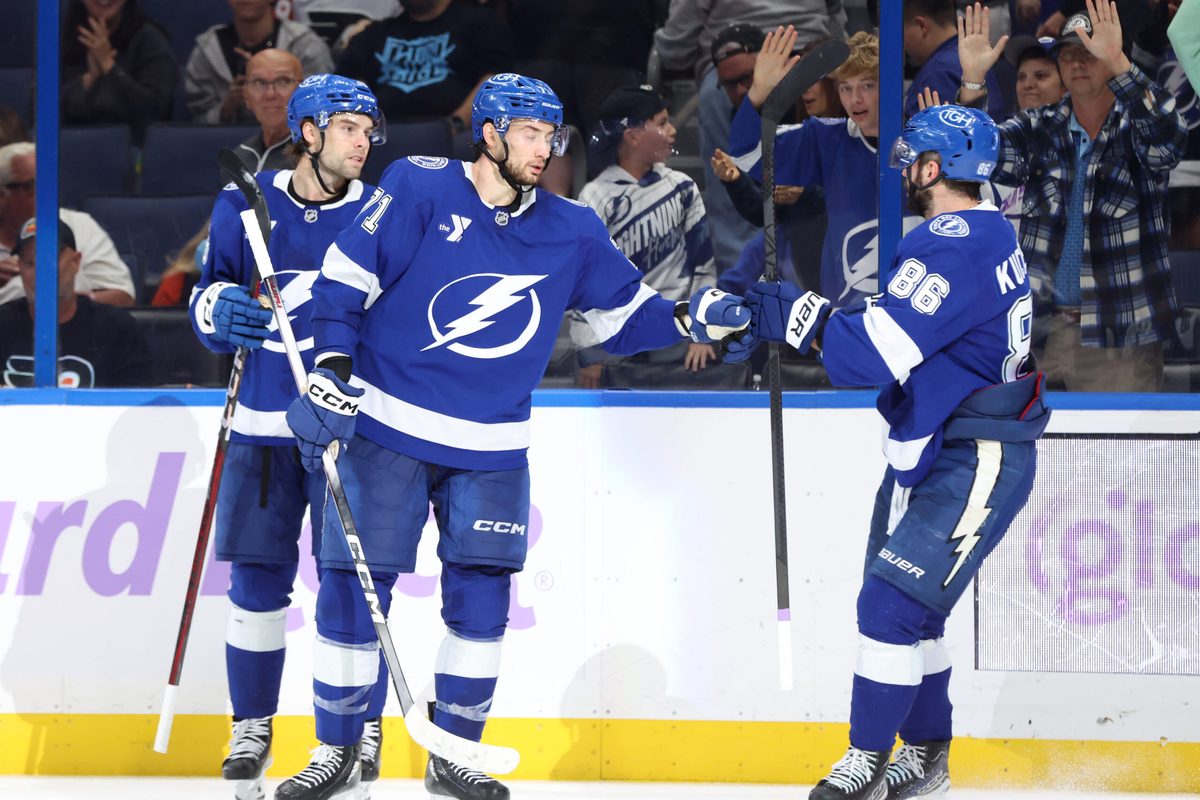 Nov 24, 2025; Tampa, Florida, USA; Tampa Bay Lightning left wing Brandon Hagel (38) is congratulated by center Anthony Cirelli (71) and right wing Nikita Kucherov (86) safter he scored a goal against the Philadelphia Flyers during the third period at Benchmark International Arena. Mandatory Credit: Kim Klement Neitzel-Imagn Images