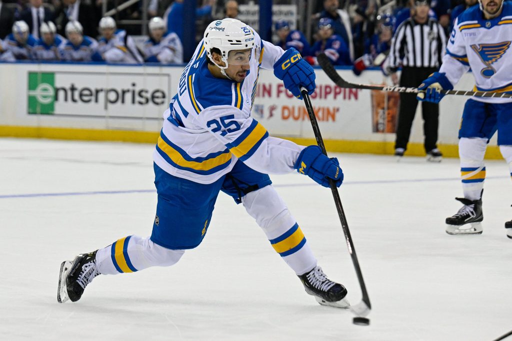 Nov 24, 2025; New York, New York, USA; St. Louis Blues right wing Jordan Kyrou (25) attempts a shot against the New York Rangers during the third period at Madison Square Garden. Mandatory Credit: Dennis Schneidler-Imagn Images