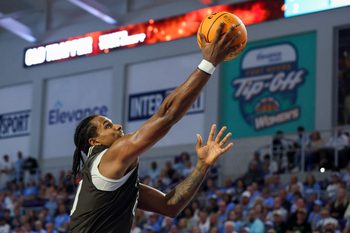 Nov 25, 2025; Fort Myers, Florida, USA; St. Bonaventure Bonnies guard Cayden Charles (24) drives to the basket against the North Carolina Tar Heels in the second half at Suncoast Credit Union Arena. Mandatory Credit: Nathan Ray Seebeck-Imagn Images
