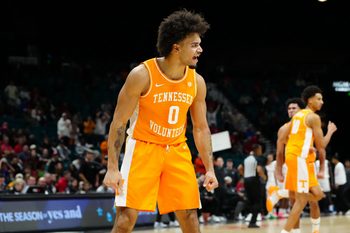 Nov 25, 2025; Las Vegas, NV, USA; Tennessee Volunteers guard Ja'Kobi Gillespie (0) reacts in a 2025 Players Era Festival group play game against the Houston Cougars during the second half at MGM Grand Garden Arena. Mandatory Credit: Stephen R. Sylvanie-Imagn Images
