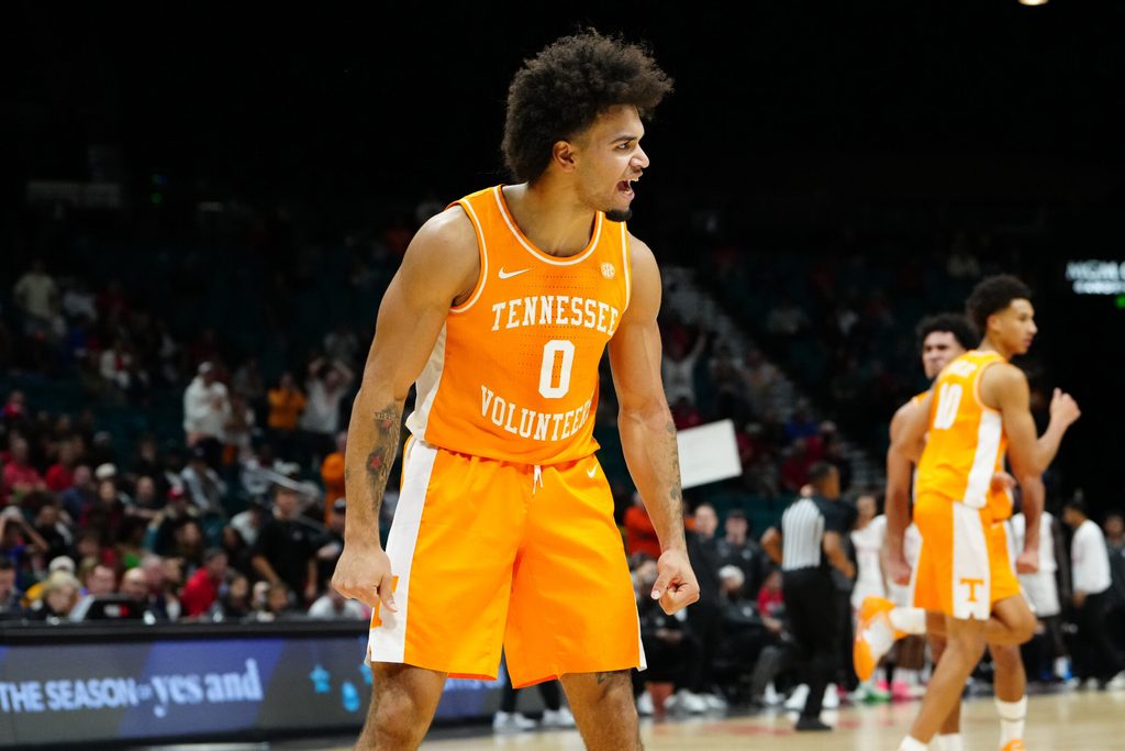 Nov 25, 2025; Las Vegas, NV, USA; Tennessee Volunteers guard Ja'Kobi Gillespie (0) reacts in a 2025 Players Era Festival group play game against the Houston Cougars during the second half at MGM Grand Garden Arena. Mandatory Credit: Stephen R. Sylvanie-Imagn Images