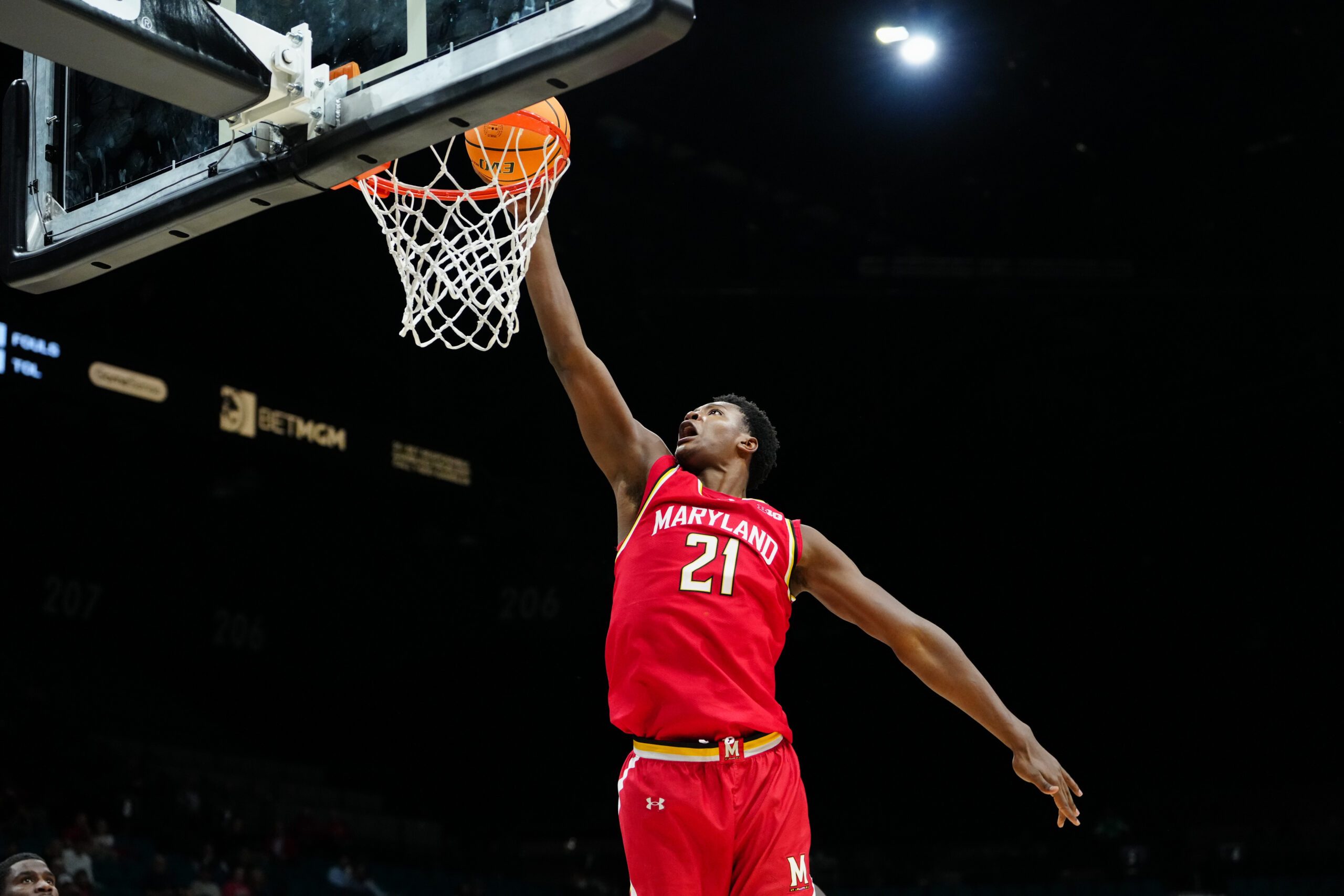 Nov 25, 2025; Las Vegas, NV, USA; Maryland Terrapins forward Pharrel Payne (21) shoots a lay up in the second half against Gonzaga Bulldogs in a 2025 Players Era Festival group play game at MGM Grand Garden Arena. Mandatory Credit: Stephen R. Sylvanie-Imagn Images