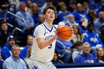 Nov 26, 2025; Lexington, Kentucky, USA; Kentucky Wildcats forward Trent Noah (9) shoots the ball during the second half against the Tennessee Tech Golden Eagles at Rupp Arena at Central Bank Center. Mandatory Credit: Jordan Prather-Imagn Images