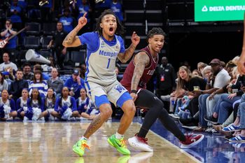 Nov 26, 2025; Memphis, Tennessee, USA; Memphis Tigers guard Dug McDaniel (1) and Southern Illinois Salukis guard Isaiah Stafford (9) react to a referee call during the second half at FedExForum. Mandatory Credit: Wesley Hale-Imagn Images