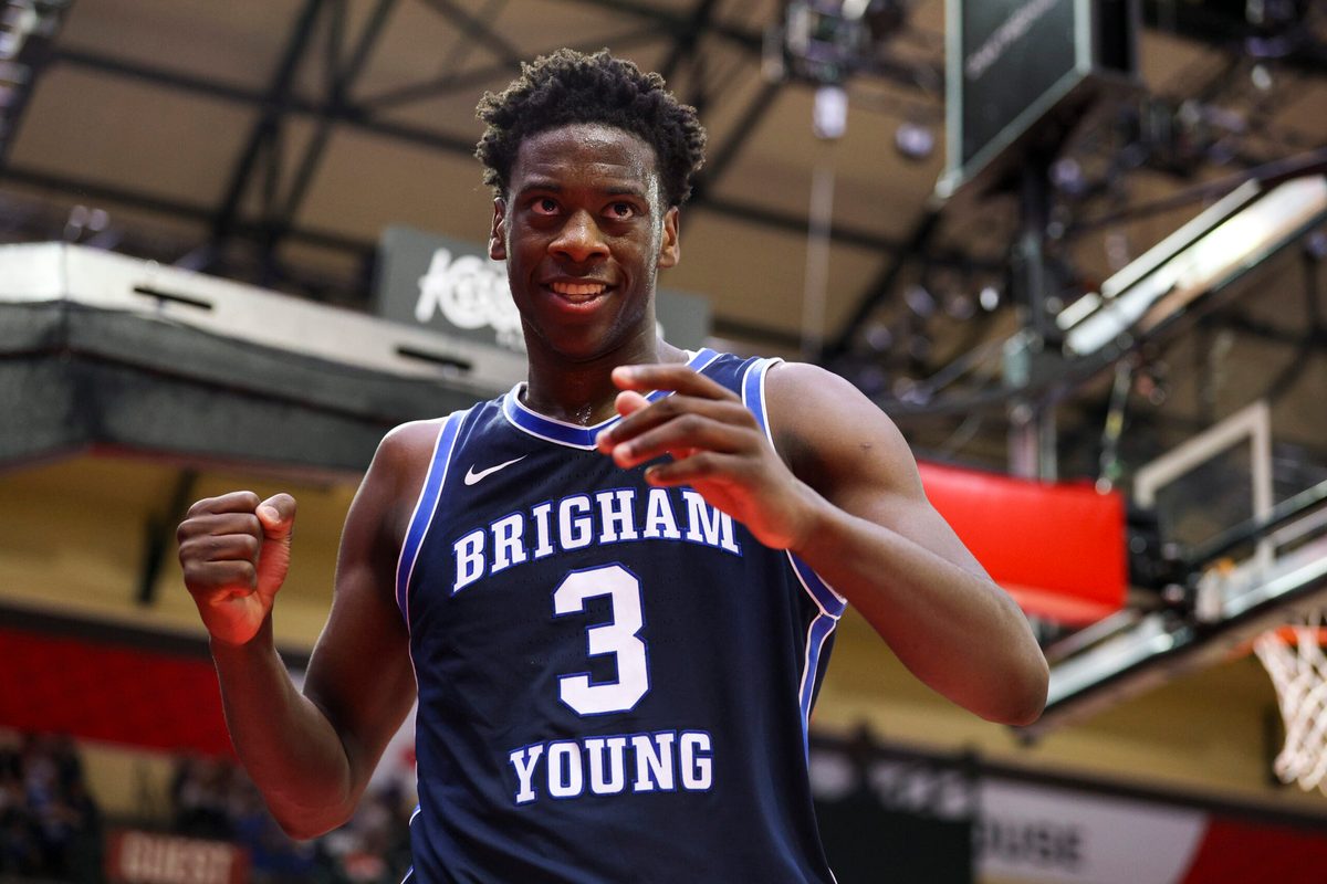 Nov 27, 2025; Kissimmee, Florida, USA; Brigham Young University Cougars forward AJ Dybantsa (3) reacts after play against the Miami (FL) Hurricanes in the second half at State Farm Field House. Mandatory Credit: Nathan Ray Seebeck-Imagn Images