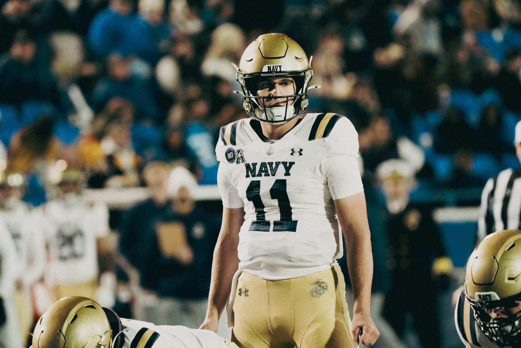 Navy’s Blake Horvath (11) looks on before a play against the Memphis Tigers during a game on Nov. 27, 2025 at Simmons Bank Liberty Stadium in Memphis, Tenn.