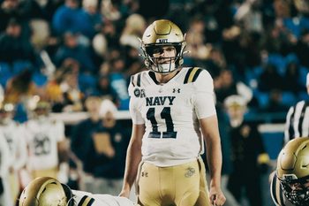 Navy’s Blake Horvath (11) looks on before a play against the Memphis Tigers during a game on Nov. 27, 2025 at Simmons Bank Liberty Stadium in Memphis, Tenn.