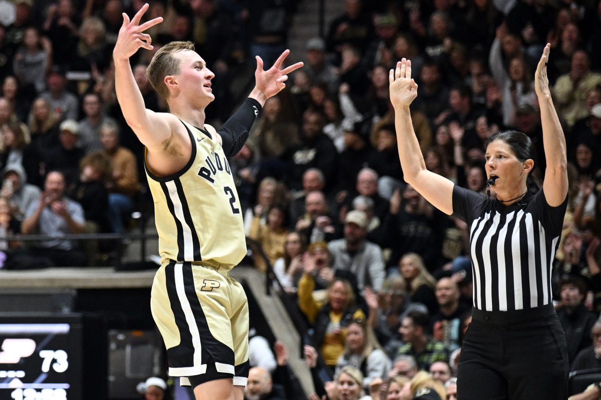 Nov 28, 2025; West Lafayette, Indiana, USA; Purdue Boilermakers guard Fletcher Loyer (2) celebrates a three pointer during the second half against the Eastern Illinois Panthers at Mackey Arena. Mandatory Credit: Marc Lebryk-Imagn Images