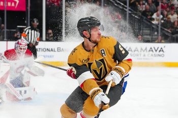 Nov 28, 2025; Las Vegas, Nevada, USA; Vegas Golden Knights center Jack Eichel (9) skates against the Montreal Canadiens during the first period at T-Mobile Arena. Mandatory Credit: Stephen R. Sylvanie-Imagn Images