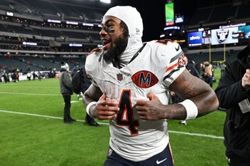 Nov 28, 2025; Philadelphia, Pennsylvania, USA; Chicago Bears running back D'Andre Swift (4) walks off the field after the game against the Philadelphia Eagles at Lincoln Financial Field. Mandatory Credit: Eric Hartline-Imagn Images