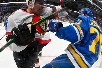 Nov 28, 2025; St. Louis, Missouri, USA; Ottawa Senators left wing David Perron (57) checks St. Louis Blues right wing Mathieu Joseph (71) during the third period at Enterprise Center. Mandatory Credit: Jeff Curry-Imagn Images