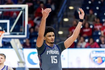 Nov 28, 2025; San Diego, CA, USA; Texas Christian University Horned Frogs forward David Punch (15) reacts against the Wisconsin Badgers during the second half at Jenny Craig Pavilion. Mandatory Credit: Abe Arredondo-Imagn Images