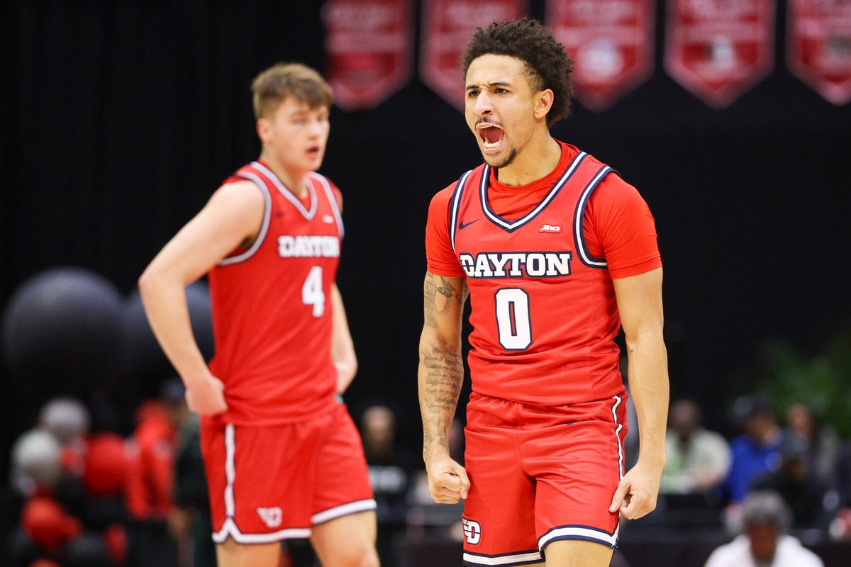 Nov 28, 2025; Kissimmee, FL, USA; Dayton Flyers guard Javon Bennett (0) reacts after a basket against the Brigham Young University Cougars in the first half during the ESPN Events Invitational at State Farm Field House. Mandatory Credit: Nathan Ray Seebeck-Imagn Images