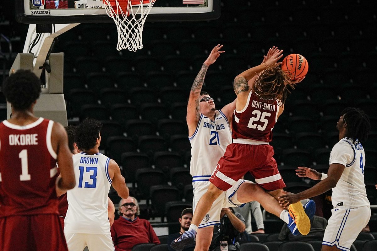 Jeremy Dent-Smith, 25, of Stanford shoots over Robbie Avila, 21, of St. Louis University in the Acrisure Invitational Champioship game at Acrisure Arena in Palm Desert, Calif., Nov. 28, 2025.
