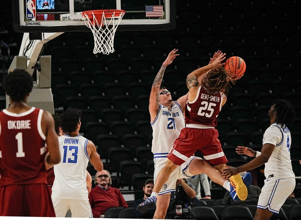 Jeremy Dent-Smith, 25, of Stanford shoots over Robbie Avila, 21, of St. Louis University in the Acrisure Invitational Champioship game at Acrisure Arena in Palm Desert, Calif., Nov. 28, 2025.